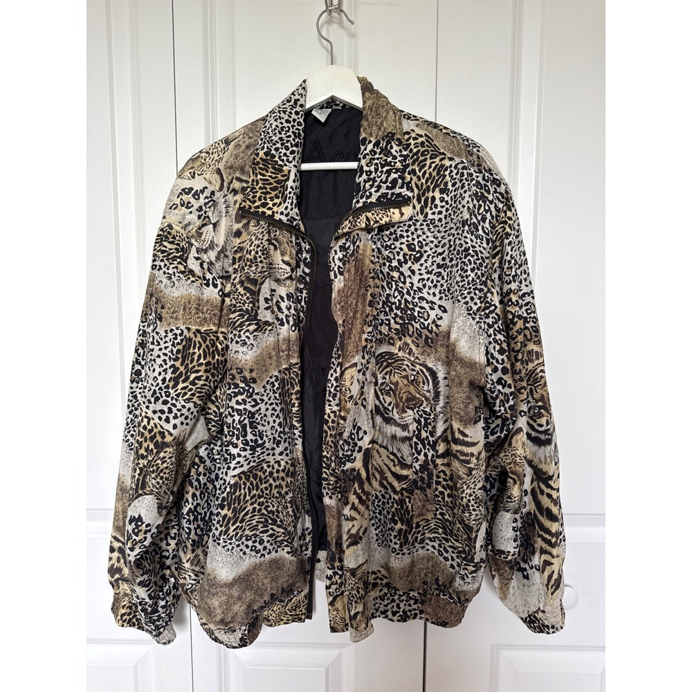 Vintage CoAco Silk Animal Print Bomber Jacket Tiger Leopard XL